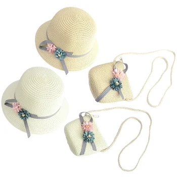 2 комплекта детских соломенных шляп и сумок Комплект из соломенной шляпы с цветочным рисунком и подходящей пляжной сумки Набор для детей