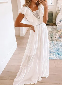 2023 Весенне-летнее новое женское платье с коротким рукавом, элегантное белое короткое платье с рукавами, кружевное платье с V-образным вырезом, повседневная одежда для женщин