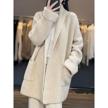 2023 осень/зима, толстый и простой повседневный однотонный женский свитер, кардиган свободной вязки, жакет, верхняя женская одежда средней длины