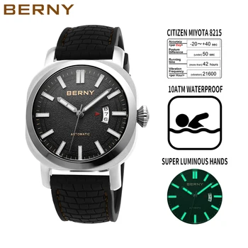 Berny Luminous Diver Watch Мужские Наручные Часы Автоматические Механические 10ATM Водонепроницаемые Часы Роскошные Сапфировые Мужские Часы Miyota 8215