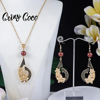 Cring Coco Гавайский Полинезийский модный Ювелирный набор с жемчугом, Позолоченное ожерелье с подвеской в виде цветка гибискуса, серьги-якоря для женщин