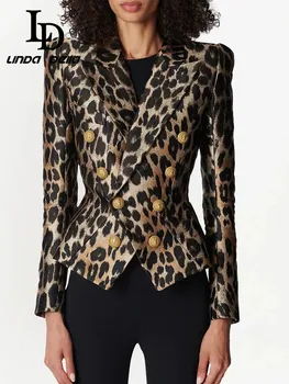 LD LINDA DELLA Осень-зима Винтажное модное пальто Женское с длинным рукавом с леопардовым принтом, двубортное, приталенное дорожное пальто