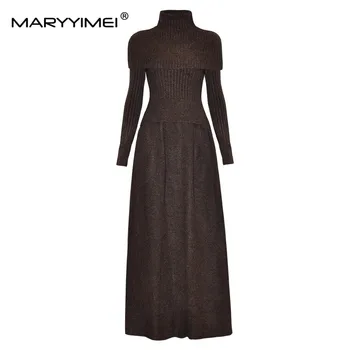 MARYYIMEI Модный зимний женский костюм, Маленький Плащ с высоким воротом + Тонкие топы с длинными рукавами + Вязаная Длинная юбка, шерстяной комплект из трех частей
