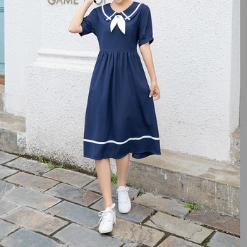Mori Girl Solid Vestidos, новое летнее модное женское темно-синее платье с коротким рукавом