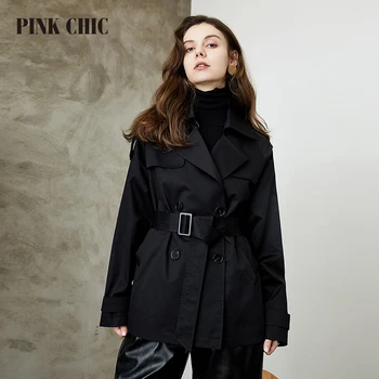 PINK CHIC 2023, Новая Демисезонная ветровка с воротником-лацканом, женский Двубортный поясной ремень, пальто в городском стиле, Элегантный тренч 618