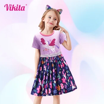 VIKITA, Летнее детское платье для девочек, хлопковая одежда с аппликацией в виде единорога, Детское платье с коротким рукавом, повседневные костюмы для девочек