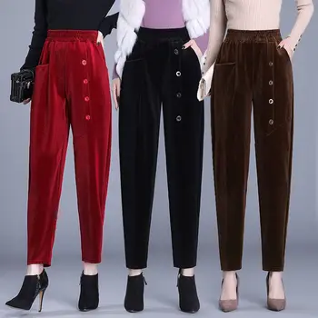 Бархатные теплые зимние брюки для женщин, эластичный пояс, Вельветовые шаровары, Свободные однотонные карманы, уличная одежда большого размера, брюки Q430