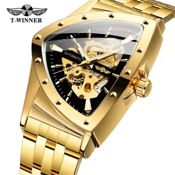 Бренд Winner 395S из нержавеющей стали, водонепроницаемые мужские часы с треугольным скелетоном, Прозрачные механические Спортивные мужские наручные часы