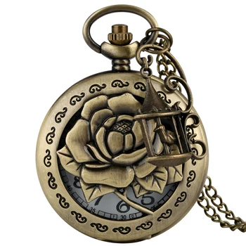 Бронзовые полые розовые цветы, дизайн кварцевых карманных часов, антикварные ретро-часы-ожерелье, старомодные подвесные часы с аксессуарами