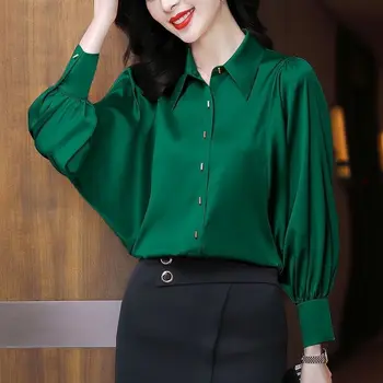 Весна И лето, Новая модная Зеленая шифоновая рубашка с длинным рукавом, женская широкая темпераментная футболка-поло