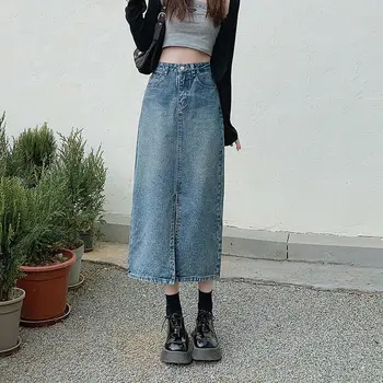 Весна / лето 2023, новая джинсовая юбка с разрезом, ретро-дизайн, приталенная юбка средней длины, высокая талия, облегающая бедра, Корейский стиль