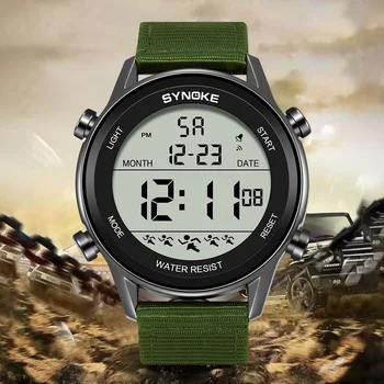 Военные мужские часы в стиле ретро с зеленым нейлоновым ремешком, водонепроницаемые электронные часы с индикацией даты и будильника для мужчин