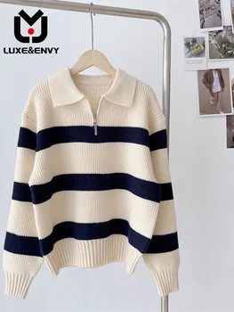 Вязаный топ LUXE & ENVY в корейскую контрастную полоску с застежкой-молнией на шее, новый модный женский свитер Lazy