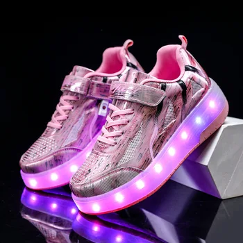 = Детская обувь на роликах со светодиодной подсветкой для мальчиков и девочек 6-18 лет, светящиеся кроссовки для катания на коньках на колесиках для детей