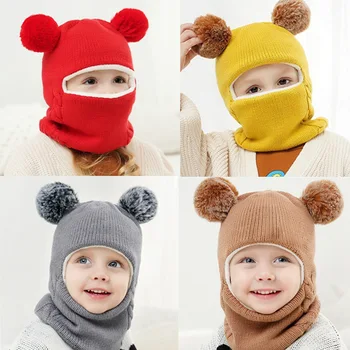 Детские шапочки для мальчиков и девочек от 1 до 6 лет, зимние теплые утепленные шапки, детские вязаные шапочки с милыми ушками для детей, шапочки-бини