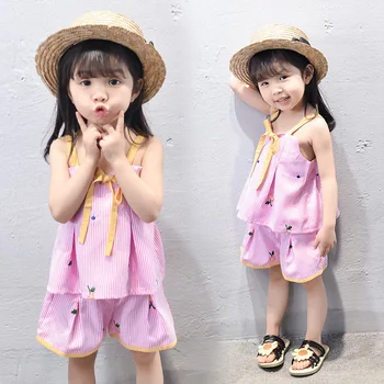 Детский летний костюм в новом стиле для девочек в корейскую полоску, детский милый костюм-двойка для девочек