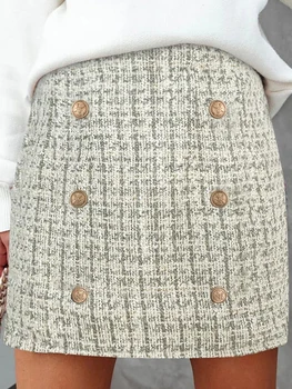 Женская короткая юбка в обтяжку с завышенной талией и клетчатым принтом, мини-юбка длиной выше колена на молнии с декоративной пуговицей