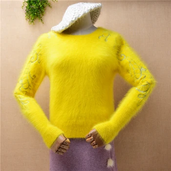 женская мода, желтая вышивка, волосатая норка, кашемировый трикотаж с круглым вырезом, тонкие блузки, пуловер, свитер из ангорского меха, топы