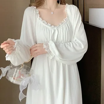 Женская ночная рубашка с длинным хлопковым рукавом свободного размера, новая белая женская ночная рубашка для ночных рубашек, платье для ночного белья, ночная рубашка большого размера