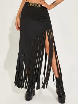 Женская юбка Edhomenn Y2k с кисточками, элегантная юбка миди с бахромой, стильная уличная длинная юбка с высокой талией