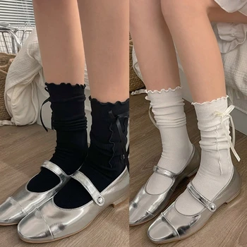 Женские носки с бантиками, летние носки с рюшами и манжетами, носки для телят, уличная одежда
