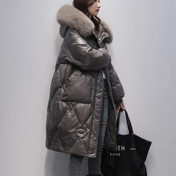 Женские парки, зимняя пуховая стеганая куртка, модное свободное пальто средней длины с утолщенным капюшоном, теплое пальто с большим меховым воротником, женское 2023 г.