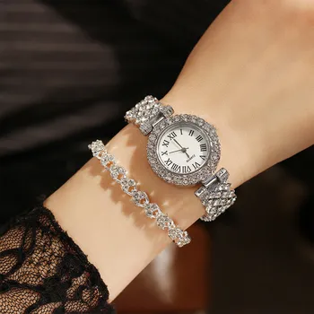 Женские часы со стальным браслетом, кварцевые роскошные модные часы с бриллиантами, кварцевый браслет с римским рисунком, инкрустированный бриллиантами