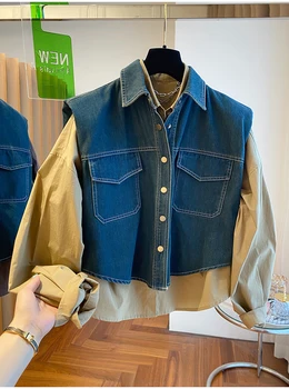 Женский осенний джинсовый жилет и рубашка SuperAen из двух частей, корейский дизайн, свободные модные рубашки в стиле пэчворк, женские топы