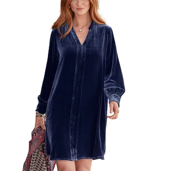 Женское бархатное платье с длинным рукавом, стрейчевое вечернее платье, пуловер, блузка с V-образным вырезом, однотонный цвет, винно-красный /темно-синий /светло-голубой
