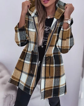 Женское зимнее пальто Y2K 2023, Новая мода, Утолщенный и теплый клетчатый узор, Дизайн на молнии, пальто с капюшоном на шнурке, Женская Одежда