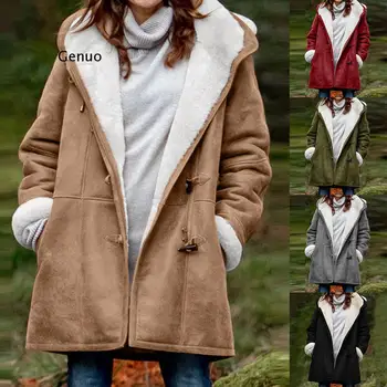 Женское зимнее теплое Плюс Бархатное пальто с длинным рукавом, роговая пряжка, плюшевый карман, пальто с капюшоном, Топы, кардиган, Свитера, Mujer