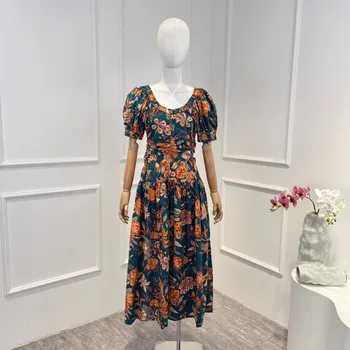 Женское платье миди из чистого хлопка последней коллекции 2023 года с цветочным принтом, коротким рукавом и вырезом на талии