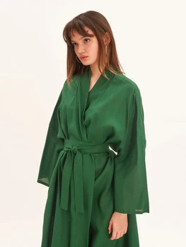Зеленые хлопчатобумажные легкие халаты Hiloc, закрывающие ночное платье до середины икры, Женский халат с поясом, халат с длинным рукавом, женские брюки-Альборносы