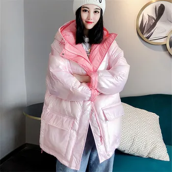 Зимнее плотное теплое Свободное пальто средней длины с капюшоном и большим карманом на хлопковой подкладке, Женские Корейские модные Розовые хлопковые парки, куртка Женская