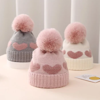 Зимняя детская вязаная шапка, жаккардовая шапочка с милым сердечком, шапочки для новорожденных девочек, шапочки для мальчиков, осенние теплые вязаные шапки для малышей