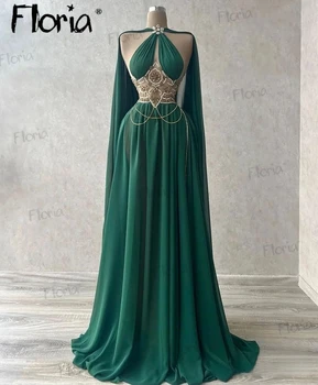 Изумрудно-зеленое шифоновое платье для выпускного вечера трапециевидной формы с золотым бисером, плащ-накидка на спине, вечерние платья, женские праздничные платья для вечеринок, большие размеры