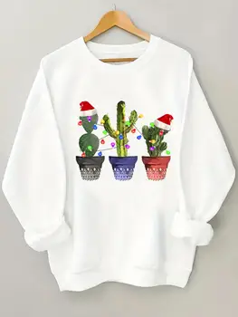 Кактусовый тренд 90-х, женские рождественские пуловеры с круглым вырезом, женские флисовые пуловеры, одежда, новогодние повседневные графические толстовки