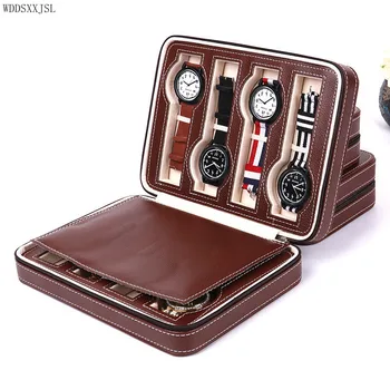 Кожаная 8-значная коробка для часов кофейного цвета с застежкой-молнией, сумка для часов, многофункциональный дисплей для хранения ювелирных изделий, упаковочная коробка для домашнего декора