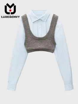 Комплект LUXE & ENVY YIMENG, Женский летний Новый дизайн, вязаный жилет на подтяжках, Короткая рубашка в полоску, осень 2023