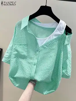 Корейская модная женская блузка с открытыми плечами ZANZEA, Летние топы в полоску с коротким рукавом, рубашка-двойка, повседневные праздничные блузки