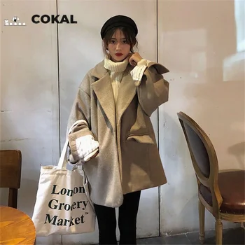 Корейский осенне-зимний стиль, шерстяной женский пиджак с толстым закатанным краем и длинным рукавом, свободный тонкий топ на одной пуговице