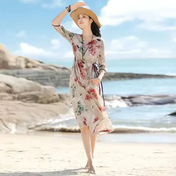 Летнее модное пляжное платье с цветочным принтом, женское пляжное платье с эластичной талией, Праздничные повседневные Свободные платья Макси, женские