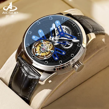 Механические спортивные часы с турбийоном из натуральной кожи AESOP, водонепроницаемые наручные часы, роскошные дизайнерские часы со скелетом, Спортивные мужские часы