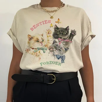 Милые кошачьи подружки Навсегда, женские графические топы, модная футболка оверсайз, винтажные эстетичные футболки Cottagecore, футболки для любителей кошек
