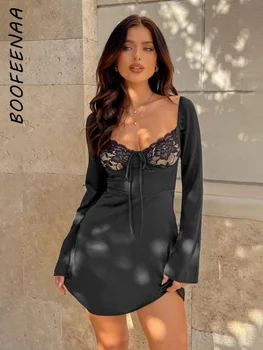 Мини-платья BOOFEENAA с длинным рукавом для женщин Осень 2023 Кружевное лоскутное атласное сексуальное черное платье с глубоким V-образным вырезом без спинки C69-CI13