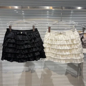 Многослойные мини-элегантные юбки с оборками, Темперамент, Высокая талия, Бриллианты, Бант, Универсальные Летние Новинки 2023 для женщин