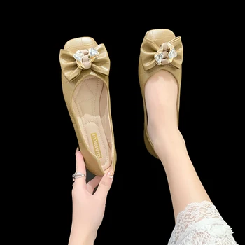 Модные женские туфли на плоской подошве с квадратным носком и бантом, повседневные тонкие туфли 2023, летние балетки, женские туфли на плоской подошве
