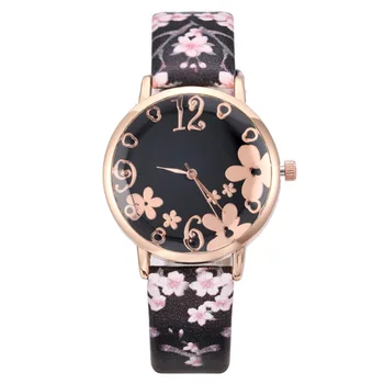 Модные женские часы с цветочным рисунком, романтические девчачьи креативные ручные часы, кожаный ремешок, женские кварцевые наручные часы с черным браслетом