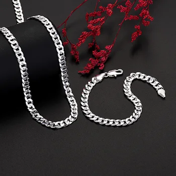 Новая Корейская мода 925 Стерлингового серебра Шарм 7 мм Цепочки Браслеты Шейные украшения Набор украшений для мужчин и женщин Благородные Свадебные подарки для вечеринок