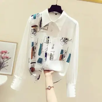 Новая осенняя белая рубашка с шифоновым принтом в стиле ретро 2022, женская дизайнерская блузка
